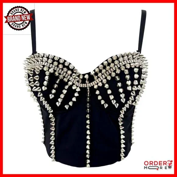 Metal Studs Bustier Crop Top Corset Rock Style Push Up Padded Underwire - Picture 2 of 7